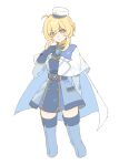  1girl :< ahoge aiguillette ascot belt black_belt blonde_hair blue_ascot blue_boots blue_cape blue_dress blue_gem blue_gloves boots buttons cape clenched_hand closed_mouth commentary_request cropped_legs dress eyelashes fur-trimmed_cape fur_trim gem genshin_impact gloves hair_between_eyes hand_up hat highres jewelry korean_commentary long_sleeves looking_at_viewer lumine_(genshin_impact) lumine_(nord_express)_(genshin_impact) mini_hat official_alternate_costume peaked_cap pendant short_dress short_hair sidelocks simple_background solo sonhye1222 standing star_(symbol) star_print thigh_boots two-sided_cape two-sided_fabric v-shaped_eyebrows white_cape white_hat yellow_eyes zettai_ryouiki 
