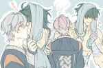  2boys after_kiss ahoge bandaged_hand bandages black_shirt blue_background blue_eyes blue_jacket blush covered_eyes french_kiss from_behind from_side green_eyes green_hair grey_hair hair_between_eyes hand_on_another's_shoulder hand_up height_difference highres holding holding_another's_wrist holding_towel jacket jewelry kiss lighter_(zenless_zone_zero) long_sleeves looking_afar looking_at_another male_focus multiple_boys multiple_views muscular muscular_male musical_note necklace open_clothes open_jacket open_mouth scar shirt short_hair simple_background ss88ss topless_male towel wide-eyed wise_(zenless_zone_zero) yaoi zenless_zone_zero 