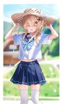  1girl :d absurdres blonde_hair blue_neckerchief blue_skirt border closed_eyes commentary_request cross_hair_ornament facing_viewer fang hair_between_eyes hair_ornament hairclip hands_on_headwear hat highres medium_hair midriff_peek navel neckerchief open_mouth original outdoors parallel_hairclips sailor_collar school_uniform shirt short_sleeves sidelocks skin_fang skirt smile solo sun_hat thighhighs white_border white_shirt white_thighhighs yuanzi_ako 