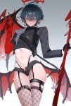 1girl annoyed arknights arknights:_endfield asymmetrical_gloves bat_wings black_garter_straps black_gloves black_shirt black_streaks blood blood_halo blue_eyes blush breasts camille_(arknights) chest_belt chinese_commentary closed_mouth commentary_request copyright_request crop_top elbow_gloves fishnet_thighhighs fishnets frown garter_straps genderswap genderswap_(mtf) gloves green_hair grey_jacket grey_shorts hair_between_eyes halo hand_up highres holding holding_polearm holding_weapon jacket legwear_garter liquid_halo long_sleeves looking_at_viewer low_wings micro_shorts midriff mismatched_gloves multicolored_hair navel open_clothes open_fly open_jacket open_shorts panty_straps pinstripe_jacket pinstripe_pattern pointy_ears polearm raised_eyebrow red_gloves red_wings shirt short_hair shorts sidelocks single_legwear_garter single_wing skindentation small_breasts solo standing streaked_hair thigh_gap thighhighs thighs uneven_gloves wannafvkknight weapon white_background wings 