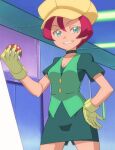  1girl breasts choker cleavage commentary_request cowboy_shot georgia_(pokemon) gloves green_choker green_eyes green_vest grin hair_between_eyes hand_on_own_hip hat holding holding_poke_ball indoors looking_at_viewer pink_hair poke_ball poke_ball_(basic) pokemon pokemon_(anime) pokemon_the_series:_black_&amp;_white ryuntack short_hair short_sleeves smile solo teeth vest yellow_hat 