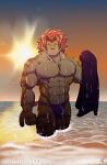 abs anthro beach biceps bodily_fluids deltoids felid hi_res lifewonders male mammal muscular muscular_anthro muscular_male nipples nomad_(tas) pantherine pecs sea shinobiya solo sunset sweat sweatdrop tail tiger tokyo_afterschool_summoners water