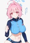  1girl blue_archive blue_halo blush breasts commentary_request grey_background hair_intakes halo highres kokoro_(blue_archive) large_breasts long_sleeves navel pink_hair rash_guard red_eyes short_hair simple_background solo thighs translation_request yomizu_(rdad3278) zipper 