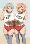  2girls arm_up breasts brown_eyes brown_hair crown495 large_breasts looking_at_viewer multiple_girls open_mouth original parted_lips plump short_hair silver_hair smile standing thick_thighs thighhighs wide_hips 