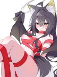  1girl animal_ear_fluff animal_ears ass bare_shoulders bat_wings black_hair breasts character_request closed_mouth colored_inner_animal_ears commentary commission copyright_request covered_anus covered_nipples covered_pussy covering_privates fox_ears fox_girl fox_tail halo highres light_blush long_hair long_sidelocks looking_at_viewer midriff naked_ribbon nipples pol060 red_ribbon ribbon ribbon_around_body sidelocks simple_background small_breasts solo tail thighs white_background white_halo wings yellow_eyes 