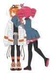  2girls a.i._voice adachi_rei adjusting_hair ahoge belt belt_buckle beullobjiji black_boots black_pantyhose black_shirt boots buckle cable cardiogram_print colored_shoe_soles commentary_request detached_sleeves drill_hair full_body grey_skirt hair_ornament hairclip hands_on_another's_head headlamp highres jacket kasane_teto kasane_teto_(utau) korean_commentary messy_hair multicolored_shoes multiple_girls orange_belt orange_hair orange_shoes pantyhose pleated_skirt red_hair red_trim shirt shoelaces shoes short_hair simple_background skirt sleeveless sleeveless_shirt sneakers thigh_boots twin_drills two-tone_shoes utau white_background white_jacket white_shoes zettai_ryouiki 