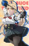  1girl absurdres alice_thymefield animal_ears black_gloves black_pantyhose blonde_hair breasts closed_mouth collared_shirt commentary_request cowboy_shot fingerless_gloves gloves green_skirt hair_ornament heterochromia highres holding holding_sword holding_weapon lezero looking_at_viewer orange_eyes pantyhose pleated_skirt rabbit_ears rabbit_girl rapier school shirt skirt solo sphere_hair_ornament sword twintails weapon white_shirt yellow_eyes zenless_zone_zero 