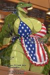 2:3 anthro apron big_breasts bikini breasts cafe clothed clothing crocodile crocodilian english_text female green_body hi_res low-angle_view non-mammal_breasts reptile scales scalie solo swimwear teeth text thick_thighs two-piece_swimsuit wonderin_dragon