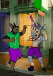 2022 abs anthro beverage black_body black_fur bottomwear brown_body brown_fur canid canine canis carnival_(holiday) celebrating city clothing colored dated dobermann domestic_dog drinking_straw duo footwear fur green_clothing green_shirt green_topwear grey_body grey_fur hi_res holidays male mammal mardi_gras mardi_gras_beads mardi_gras_hat muscular night nipples open_mouth outside pants pecs pinscher purple_bottomwear purple_clothing purple_pants purple_shirt purple_topwear sharp_teeth shirt shirtless shoes silly_straw smile street street_lamp tan_body tan_fur teeth text tongue topwear url whitecolt_productions window