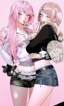  2girls belt breasts coat crop_top denim finger_to_mouth fur-trimmed_jacket fur_coat fur_collar fur_trim highres jacket jewelry long_hair looking_at_viewer meu_oo midriff multiple_girls navel necklace original pantyhose pink_background pink_hair shorts shushing torn_clothes torn_pantyhose yuri 