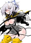  1girl black_necktie blush boots breasts commentary_request cowboy_shot devil_survivor_(series) devil_survivor_2 grey_hair haoro holding holding_whip hotsuin_miyako medium_hair necktie nipples ponytail purple_eyes shirt simple_background solo teeth thigh_boots torn_clothes torn_shirt whip white_background yellow_boots 