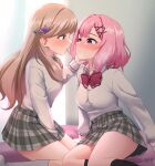  2girls amaori_renako ashigaya_high_school_uniform black_socks blush bow bowtie breasts brown_eyes brown_hair collared_shirt commentary eye_contact flower_hairclip grey_skirt hand_on_another's_face highres imminent_kiss indoors kneehighs looking_at_another maozi_dan medium_breasts medium_hair multiple_girls parted_lips pink_hair plaid_clothes plaid_skirt pleated_skirt purple_eyes red_bow red_bowtie school_uniform sena_ajisai shirt skirt socks watashi_ga_koibito_ni_nareru_wake_naijan_murimuri! white_shirt white_socks yuri 