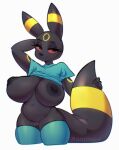 absurd_res anthro areola bedroom_eyes belly big_belly big_breasts big_ears big_nipples black_areola black_body black_eyes black_nipples black_nose bottomless breasts circle circle_(marking) clothed clothing curvy_figure dark_body dark_nipples eeveelution erect_nipples eyebrows eyeshadow female female_anthro generation_2_pokemon genitals glistening glistening_body glistening_eyes glistening_genitalia glistening_skin glistening_vulva hi_res holding_tail huge_breasts legwear long_ears makeup markings mostly_nude multicolored_body multicolored_ears multicolored_skin multicolored_tail narrowed_eyes navel nintendo nipples overweight overweight_anthro overweight_female partially_clothed pokemon pokemon_(species) presenting presenting_breasts raised_eyebrows ranillopa red_sclera seductive shirt shirt_only smile smiley_face solo solo_focus stockings stripes t-shirt t-shirt_only tail thick_tail topwear topwear_only two_tone_body two_tone_ears two_tone_skin two_tone_tail umbreon vulva wide_hips yellow_body yellow_markings yellow_skin yellow_stripes