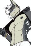 2:3 absurd_res anthro black_sclera bottomwear canid canine clothed clothing clothing_lift ear_piercing facial_hair goatee hair hi_res male male_anthro mammal muscular nyoroho pants piercing shirt shirt_lift solo topwear yellow_eyes