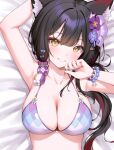  1girl animal_ear_fluff animal_ears anjaku112 arm_up armpits bead_bracelet beads bikini black_hair blue_archive blush bracelet breasts commentary flower fox_ears fox_girl hair_flower hair_ornament highres jewelry large_breasts long_hair looking_at_viewer official_alternate_costume solo string_bikini swimsuit teeth wakamo_(blue_archive) wakamo_(swimsuit)_(blue_archive) white_bikini yellow_eyes 