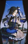  1girl absurdres aokumo_rin aokumo_rin_(1st_costume) apron aqua_bow aqua_eyes black_bow black_ribbon blue_apron blue_streaks bow breasts chaseong closed_mouth colored_eyelashes commentary cowboy_shot dress dress_bow elbow_gloves floating_hair frilled_apron frilled_dress frills gloves grey_bow grey_dress grey_thighhighs hair_bow hair_intakes hair_ribbon highres large_breasts long_hair looking_at_viewer maid maid_apron multicolored_hair perspective ribbon solo stellive streaked_hair thighhighs twintails untranslatable_commentary virtual_youtuber white_eyelashes white_gloves white_hair zettai_ryouiki 