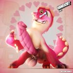 1:1 3d_(artwork) anthro anus balls big_balls big_penis conrad_(drag'n_wash) digital_media_(artwork) drag'n_wash erection eyelashes genitals gesture hand_gesture heart_symbol hi_res horn huge_penis hyper hyper_genitalia hyper_penis looking_at_viewer male mess_maker mythology open_mouth penis pink_background pink_body pointing pointing_at_penis pose quadruped question question_mark red_background red_body red_scales scales scalie scratches showing_teeth simple_background smile smiling_at_viewer solo tail teeth text tongue tongue_out white_body white_scales yellow_eyes