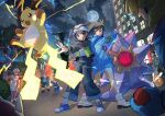  2boys 4girls back-to-back black_eyes blue_hoodie bracelet brown_eyes building character_request cityscape closed_mouth cloud cloudy_sky collector_(pokemon) commentary_request dedenne electricity fang fedora full_moon harmony_(pokemon) hat highres holding holding_poke_ball hologram hood hoodie in-universe_location jewelry jumping lida_(pokemon) lumiose_city mega_pokemon mega_raichu_x mega_ring mega_starmie mega_stone meowstic meowstic_(male) moon multiple_boys multiple_girls night noivern nurse_joy nurse_joy_(pokemon_legends:_z-a) office_worker_(pokemon) open_mouth outdoors outstretched_arm poke_ball poke_ball_(basic) pokemon pokemon_(creature) pokemon_legends:_z-a prism_tower raichu sky smile standing star_(sky) starmie tower watermark yukinoko2200 