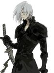  1boy armor black_bodysuit black_gloves blue_eyes bodysuit chest_strap commentary cowboy_shot final_fantasy final_fantasy_vii final_fantasy_vii:_advent_children gloves grey_hair hair_between_eyes highres holding holding_sword holding_weapon kadaj male_focus parted_lips short_hair shoulder_armor simple_background sketch smile solo soten_sq sword weapon white_background 