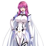  1girl aqua_eyes blue_eyes blush bodysuit breasts cape covered_navel covered_nipples game_asset gentle_sasaki gloves hand_on_own_hip impossible_bodysuit impossible_clothes large_breasts large_variant_set long_hair looking_at_viewer magical_girl mechanical_magical_girl non-web_source official_art open_mouth pink_hair prism_reica purple_hair self-datamine shindou_hatsune simple_background skin_tight solo soukou_senki_prism_reica tachi-e transparent_background variant_set white_bodysuit 