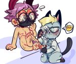 2020 after_orgasm angry animal_crossing anthro bileshroom biped blonde_hair blue_body blue_fur blush bodily_fluids cum cum_on_face domestic_cat duo eyewear feet felid feline felis fur genital_fluids genitals glasses green_eyes hair human human_on_anthro interspecies kneeling male male/male mammal mask nintendo one_eye_closed paws penis pubes purple_hair raymond_(animal_crossing) simple_background tail wearing_glasses