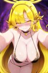  1girl bare_shoulders bikini black_bikini black_choker blonde_hair blush breasts choker cleavage collarbone commentary_request cowboy_shot dangle_earrings full_cleavage glowing glowing_eyes grin halo halterneck highres hitsuki_(hitsuki_fundraw) large_breasts leaning_forward legs_together long_hair looking_at_viewer malefic_star_(maplestory) maplestory multi-strapped_bikini_bottom navel outstretched_arms pointy_ears reaching shaded_face smile solo standing string_bikini swimsuit very_long_hair wet yellow_eyes 