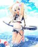  armpits arms_behind_head beach blonde_hair blue_eyes cloud crop_top day evandragon flat_chest flower hair_flower hair_ornament highres kantai_collection kneeling lifebuoy long_hair midriff navel open_mouth outdoors partially_submerged ro-500_(kantai_collection) school_swimsuit school_uniform serafuku sky smile solo splashing swimsuit swimsuit_under_clothes tan tanline torpedo water 