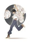  1boy black_hair black_pants black_socks brown_shoes chinese_commentary closed_eyes commentary_request false_memory he_mingshuo high_tops highres jacket jumping male_focus open_clothes open_jacket pants pants_rolled_up print_jacket shirt shoelaces shoes shuimuren simple_background sleeves_rolled_up smlie sneakers socks spiked_hair tan white_shirt 