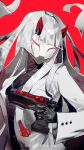  1girl colored_skin commentary gun highres hime_cut holding holding_gun holding_weapon horns jacket ladyath3na long_sleeves omnic open_clothes open_jacket overwatch red_background shion_(overwatch) simple_background solo weapon white_hair white_skin 