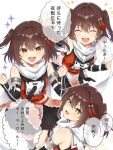  1girl black_gloves black_skirt brown_eyes brown_hair commentary_request cowboy_shot elbow_gloves fingerless_gloves gauntlets gloves kantai_collection multiple_views orange_shirt pleated_skirt sailor_collar scarf school_uniform sendai_(kancolle) sendai_kai_ni_(kancolle) serafuku shirt skirt sleeveless sleeveless_shirt smile translation_request two_side_up upper_body white_sailor_collar white_scarf yuzuttan 