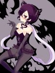  1girl black_gloves blush breasts cleavage commentary_request dark_cutie elbow_gloves gloves hair_ornament leotard magical_girl mahou_shoujo_ikusei_keikaku mahou_shoujo_ikusei_keikaku_aces nireo pantyhose purple_hair red_eyes shadow short_hair solo 