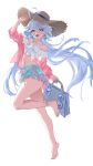  1girl absurdres alternate_costume artistic_error bag barefoot blue_eyes blue_hair blue_skirt breasts commentary feet full_body furina_(genshin_impact) genshin_impact handbag hat heterochromia highres holding holding_bag jacket long_hair looking_at_viewer miniskirt open_mouth pink_jacket qingshi_(jntw5555) shirt simple_background skirt small_breasts solo straw_hat tank_top thighs toes very_long_hair white_background white_shirt white_tank_top wrong_foot 