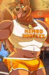 absurd_res anthro big_muscles big_pecs blue_eyes bottomwear brown_body brown_fur bulge butt_peeking_out_of_shorts canid canine canis chain clothing collar_tag daire301 disembodied_hand domestic_dog fur ghost_hand happy hi_res himbo_hooters hooters hooters_uniform huge_pecs jammydawg male mammal muscular muscular_male orange_bottomwear orange_clothing orange_shorts pecs restaurant shorts smile solo tongue tongue_out