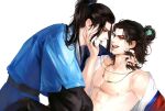  2boys all_wishes_come_true! bare_pectorals black_hair black_pants black_sash blue_hanfu blue_trim brown_eyes chinese_clothes chinese_commentary coat commentary_request commission eye_contact facial_hair hair_bun hair_ornament hair_ribbon half_updo hand_on_another's_cheek hand_on_another's_face hand_on_another's_neck hanfu high_ponytail highres implied_sex jewelry leaf_hair_ornament licking_lips long_hair looking_at_another lv_dongbin_(all_wishes_come_true!) male_focus mouth_hold multiple_boys mustache_stubble necklace necklace_in_mouth nipples nude off_shoulder open_clothes open_coat open_mouth open_robe pants parted_lips partially_undressed pectorals ponytail red_coat red_ribbon ribbon robe sandy_oran sash second-party_source sidelocks simple_background single_hair_bun sitting smile stubble tongue tongue_out white_background white_hanfu yaoi zhongli_quan_(all_wishes_come_true!) 