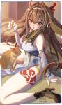  1girl absurdres armlet breasts brown_hair brown_tail cat chinese_clothes clover_hair_ornament commentary_request dress droopy_ears fluffy_tail hair_between_eyes hair_intakes hair_ornament hairband high_heels highres jewelry leg_tattoo long_hair looking_at_viewer qipao red_eyes silver_armlet sitting smile tail tattoo tkm-kagepuro wariza white_hairband ye_shunguang zenless_zone_zero 