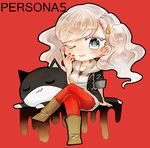 bad_id bad_pixiv_id blonde_hair cat looking_at_viewer morgana_(persona_5) pantyhose persona persona_5 red_legwear school_uniform takamaki_anne twintails 