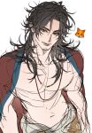 1boy all_wishes_come_true! bare_pectorals black_hair blue_trim brown_eyes closed_mouth coat coat_on_shoulders crema_525 emoji facial_hair fox hair_down highres jewelry large_pectorals long_hair looking_at_viewer male_focus messy_hair muscular muscular_male mustache_stubble navel necklace open_clothes open_robe partially_undressed pectorals red_coat robe simple_background sketch smile solo stubble thick_eyebrows topless_male white_background zhongli_quan_(all_wishes_come_true!) 