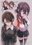  2girls absurdres ahoge arrow_(symbol) black_choker black_hair black_ribbon black_shorts black_skirt black_thighhighs braid brown_eyes brown_hair carmine_(pokemon) chainsaw_man character_name choker closed_mouth commentary_request cosplay crossed_bangs hair_between_eyes hairband highres juliana_(pokemon) kyaro_o long_sleeves looking_at_viewer mole mole_under_eye multiple_girls nayuta_(chainsaw_man) nayuta_(chainsaw_man)_(cosplay) neck_ribbon open_mouth pointing pokemon pokemon_scarlet_and_violet red_hair reze_(chainsaw_man) reze_(chainsaw_man)_(cosplay) ribbon shirt shorts single_braid skirt sleeveless sleeveless_shirt smile thighhighs twitter_username white_shirt yellow_eyes yellow_hairband 