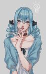  1boy black_choker blue_cardigan blue_hair cardigan choker collarbone commentary_request crossdressing crossdressing_(mtf) drill_hair grey_background hair_intakes jack_jeanne light_bulb_above_head long_hair looking_at_viewer male_focus open_cardigan open_clothes oshinari_mare pace_(kanna) purple_eyes shirt simple_background solo trap twin_drills white_shirt 