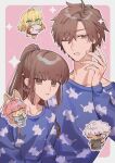  2boys 3girls absurdres animal_ears archer_(fate) archer_(night_style)_(fate) blonde_hair blue_pajamas brown_eyes brown_hair commentary_request fate/extra fate/extra_record fate_(series) fox_ears highres holding holding_brush holding_pillow kishinami_hakuno_(female) kishinami_hakuno_(female)_(night_style) kishinami_hakuno_(male) kishinami_hakuno_(male)_(night_style) long_sleeves looking_at_viewer multiple_boys multiple_girls nero_claudius_(fate) nero_claudius_(night_style)_(fate) nora_(lyh_b) one_eye_closed pajamas pillow pink_hair ponytail simple_background tamamo_no_mae_(fate) tamamo_no_mae_(night_style)_(fate) white_hair 