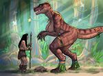 anthro big_breasts black_hair boots breasts brown_body brown_scales claws clothing dinosaur duo female flick-the-thief footwear forest hair hi_res holding_melee_weapon holding_object holding_polearm holding_spear holding_weapon human human_on_anthro interspecies jungle larger_anthro larger_female licking licking_lips male male/female male_on_anthro mammal melee_weapon nature plant polearm prehistoric prehistoric_species reptile saurischian scales scalie sharp_teeth shoes size_difference smaller_human smaller_male spear tail teeth theropod thick_tail tongue tongue_out tree tribal tyrannosaurid tyrannosauroid tyrannosaurus tyrannosaurus_rex weapon
