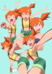  1girl bikini blue_background blue_bikini breasts closed_eyes collarbone commentary_request covered_nipples cropped_shirt eyelashes green_eyes green_shorts holding holding_poke_ball leg_up misty_(pokemon) multiple_views navel one_side_up open_mouth orange_hair outstretched_arms poke_ball poke_ball_(basic) pokemon pokemon_(anime) pokemon_the_series:_sun_&amp;_moon ryuntack shirt shoes shorts sneakers suspenders swimsuit teeth upper_teeth_only yellow_shirt 