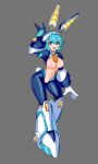  1girl absurdres android animal_ears blue_eyes blue_hair breasts commentary commission crotchless english_commentary fake_animal_ears frontless_outfit grey_background highres medium_breasts mega_man_(series) mega_man_x_(series) mega_man_x_dive navel necktie nipples one_side_up open_mouth pussy rabbit_ears rabbit_tail rememberthesea revealing_clothes reverse_bunnysuit reverse_outfit rico_(mega_man) robot_girl side_ponytail simple_background solo tail 