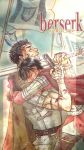  1boy 1girl armor bandages berserk blood cape casca_(berserk) closed_eyes commentary_request copyright_name flag guts_(berserk) highres holding holding_sword holding_weapon hug kame_(jeycobsry) outdoors profile scar scar_on_face scar_on_nose smile sword weapon 