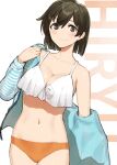  1girl bikini blue_jacket bob_cut breasts brown_eyes brown_hair character_name commentary_request cowboy_shot highres hiryuu_(kancolle) hiryuu_(swimsuit)_(kancolle) jacket kantai_collection large_breasts looking_at_viewer mismatched_bikini poco_(backboa) ruffle_bikini short_hair smile solo striped_clothes striped_jacket swimsuit 