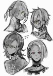  1girl 3boys brother_and_sister commentary_request cropped_head cropped_shoulders curtained_hair double-parted_bangs gakuran green_eyes greyscale hair_between_eyes hair_ornament hair_over_one_eye hairclip jack_jeanne jacket mole mole_under_mouth monochrome multiple_boys mutsumi_kai oh_rama_havenna! parallel_hairclips red_eyes school_uniform short_hair siblings simple_background spot_color tachibana_kisa tachibana_tsuki takashina_sarafumi tears. white_background yellow_eyes 