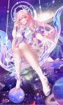  1girl absurdres ankle_flower bai_fan_pwr bare_shoulders bow_(weapon) breasts chinese_commentary commentary_request cyrene_(demiurge)_(honkai:_star_rail) cyrene_(honkai:_star_rail) dress dress_flower earrings flower full_body galaxy hair_flower hair_intakes hair_ornament halo halo_behind_head high_heels highres honkai:_star_rail honkai_(series) jewelry large_breasts long_hair looking_at_viewer neck_flower outstretched_arm pink_hair planet planet_earrings planetary_ring pointy_ears purple_eyes purple_nails ribbon sitting sky smile solo space star_(sky) starry_sky swing very_long_hair weapon white_dress wrist_ribbon 