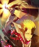  1boy 1girl absurdres bare_arms bare_shoulders bleach bleach:_sennen_kessen-hen blood breasts brown_hair chi_kusari_no_ichigo clenched_teeth commentary cropped_vest crying floating_hair furrowed_brow highres horns inoue_orihime inoue_orihime_(sennen_kessen-hen) kurosaki_ichigo large_breasts long_hair long_skirt midriff na3lum orange_hair outstretched_arms short_hair single_horn skirt tears teeth torn_clothes upper_body vest white_skirt white_vest 