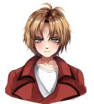  1boy collarbone commentary cropped_torso english_commentary grey_eyes highres jacket looking_at_viewer majin_tensei male_focus miroku_asuka red_jacket ronde_(majin_tensei) serious shirt short_hair simple_background soarer solo undershirt upper_body watermark white_background white_shirt 