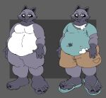 anthro big_feet black_nails black_toenails blue_clothing blue_footwear blue_sandals blue_shirt blue_topwear bottomwear brown_bottomwear brown_clothing brown_shorts clothing colored_nails feet footwear fur grey_body half-closed_eyes hi_res male mammal nails narrowed_eyes overweight procyonid raccoon sandals shawn_(zoomlum) shirt shoes shorts solo stained_clothing stained_pants stained_shirt toenails toes topwear torn_clothing torn_shirt torn_topwear white_body white_clothing white_fur white_shirt white_topwear zoomlum
